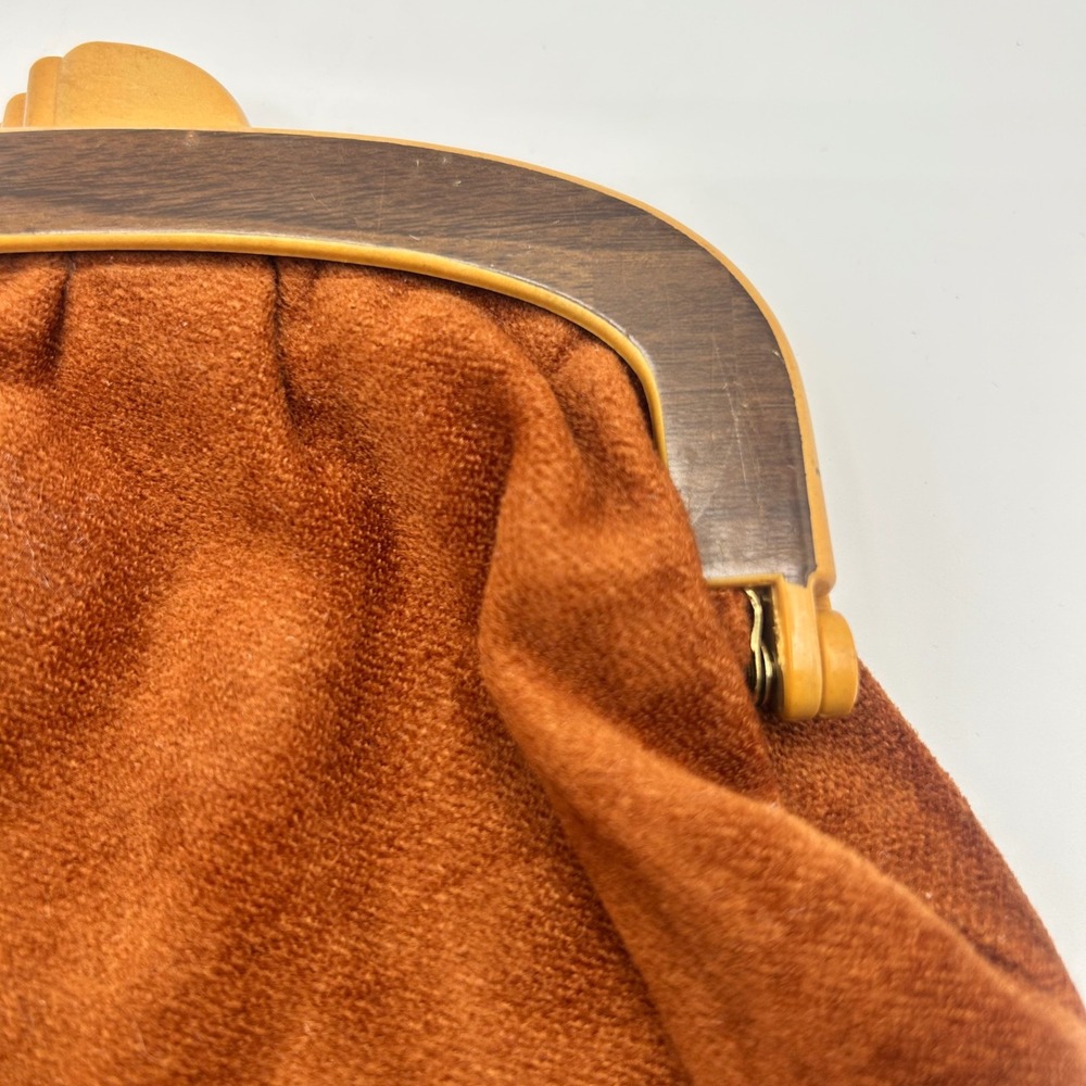 Vintage Rust Orange Faux Suede Frame Clutch Bag Faux Wood Kiss Lock Hong Kong - Picture 2 of 8